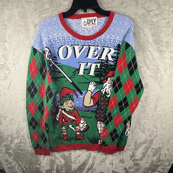 Ugly Christmas Sweater Men Large Black Green Red Golfing Elf And Santa - Picture 1 of 6